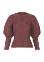 A product shot of the ISSEY MIYAKE SLEEK PLEATS cardigan in burgundy.
