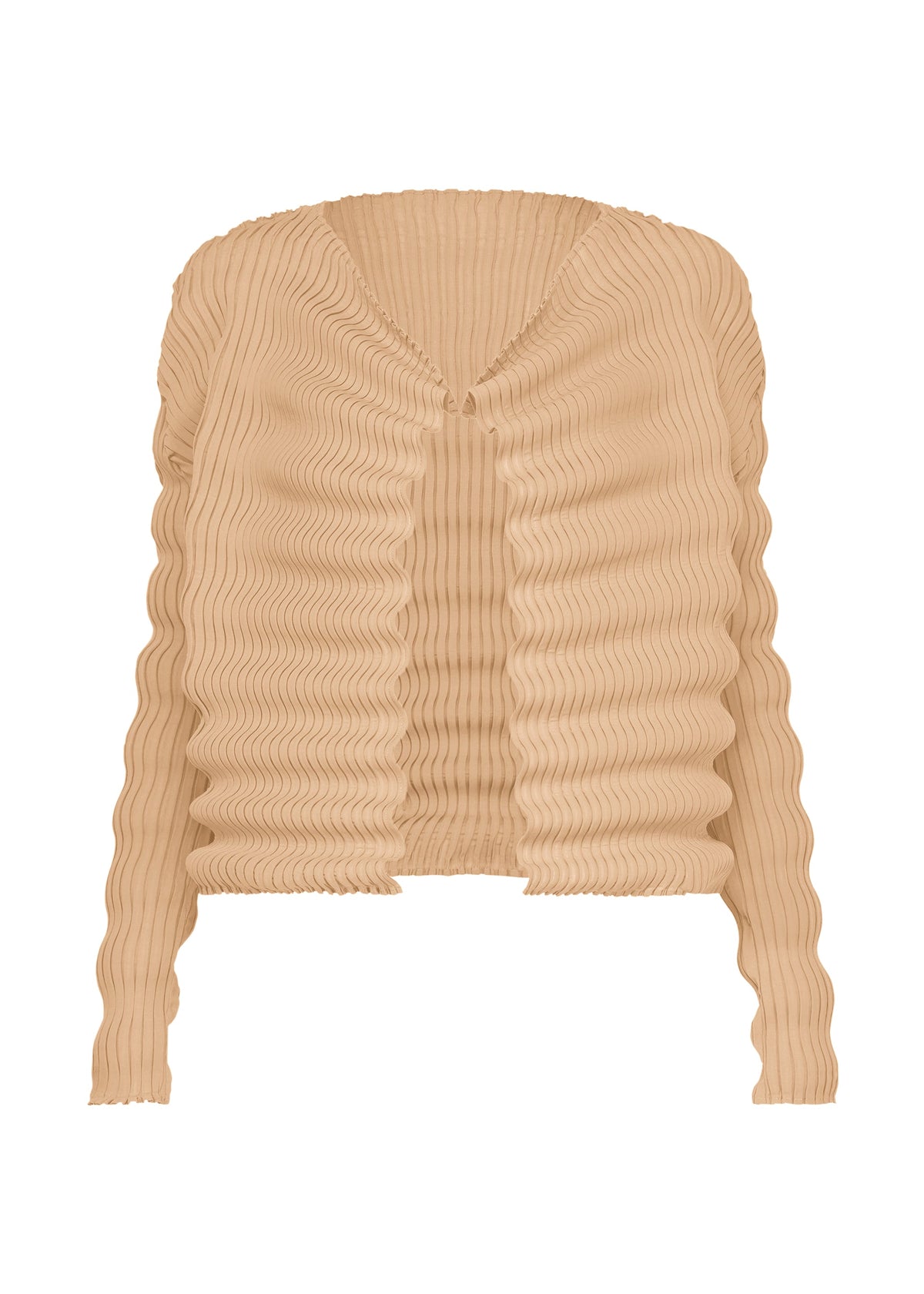 A product shot of the ISSEY MIYAKE SPRING PLEATS cardigan in chukar beige.