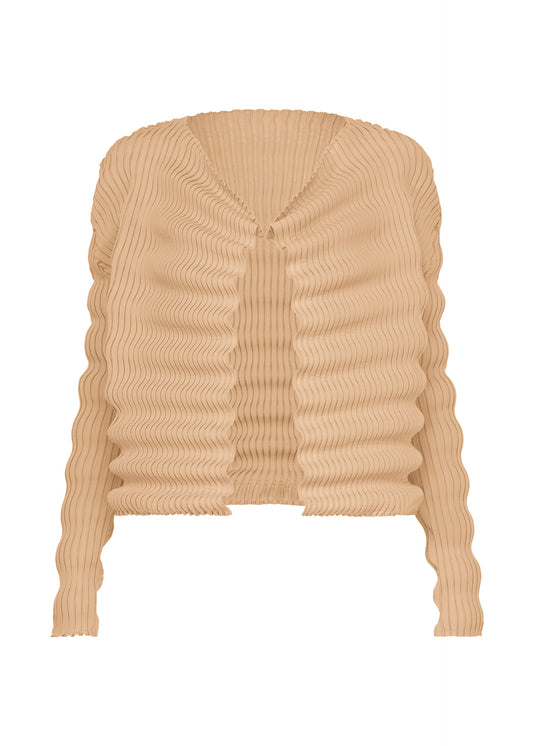 A product shot of the ISSEY MIYAKE SPRING PLEATS cardigan in chukar beige.