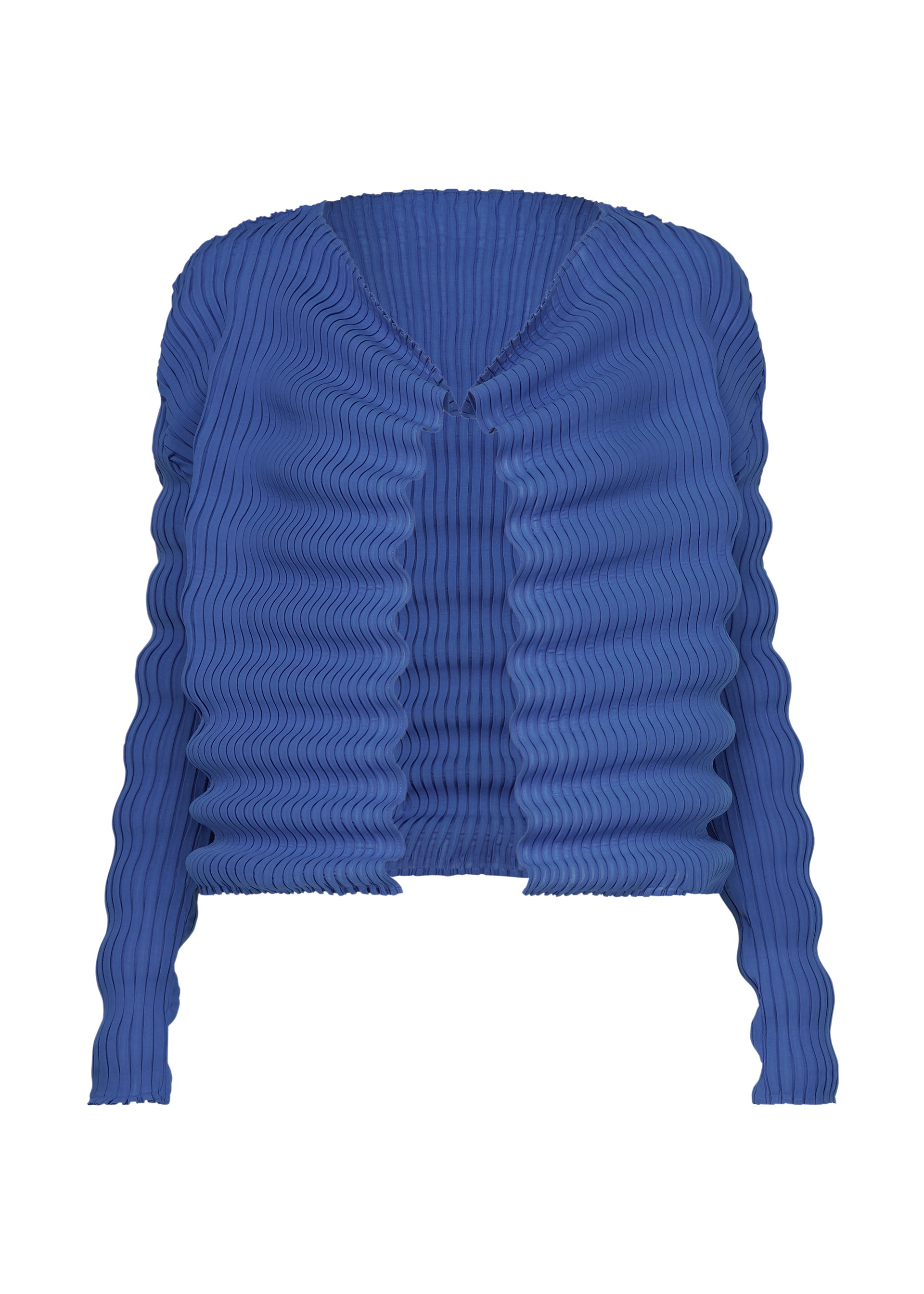 A product shot of the ISSEY MIYAKE SPRING PLEATS cardigan in starling blue.