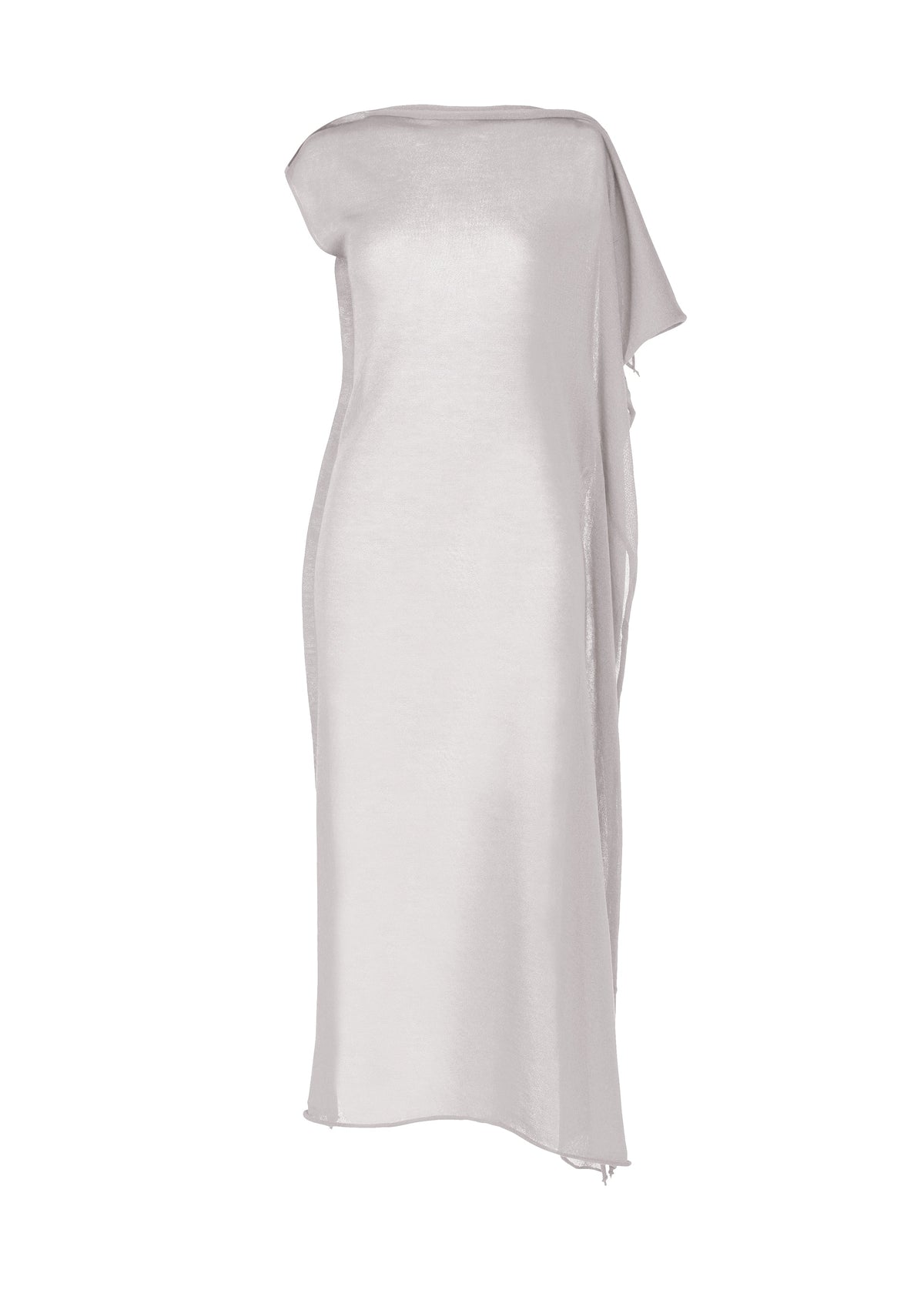 A product shot of the ISSEY MIYAKE CONCEALED KNIT dress in light gray.