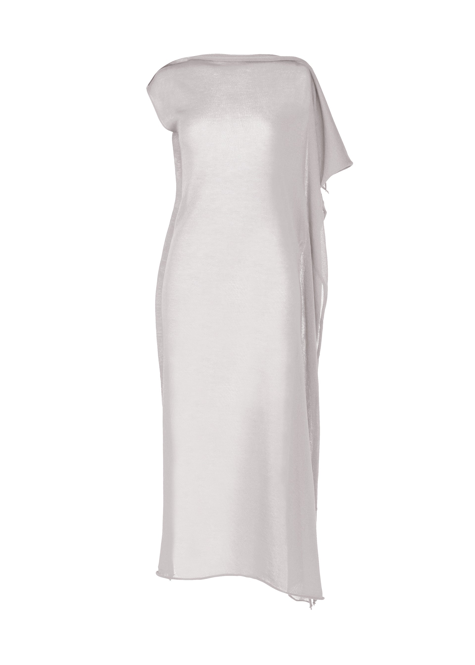 A product shot of the ISSEY MIYAKE CONCEALED KNIT dress in light gray.