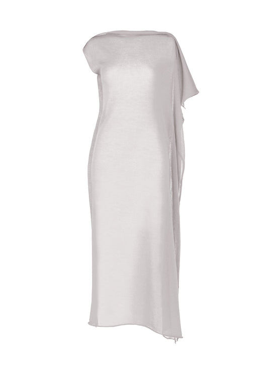 A product shot of the ISSEY MIYAKE CONCEALED KNIT dress in light gray.
