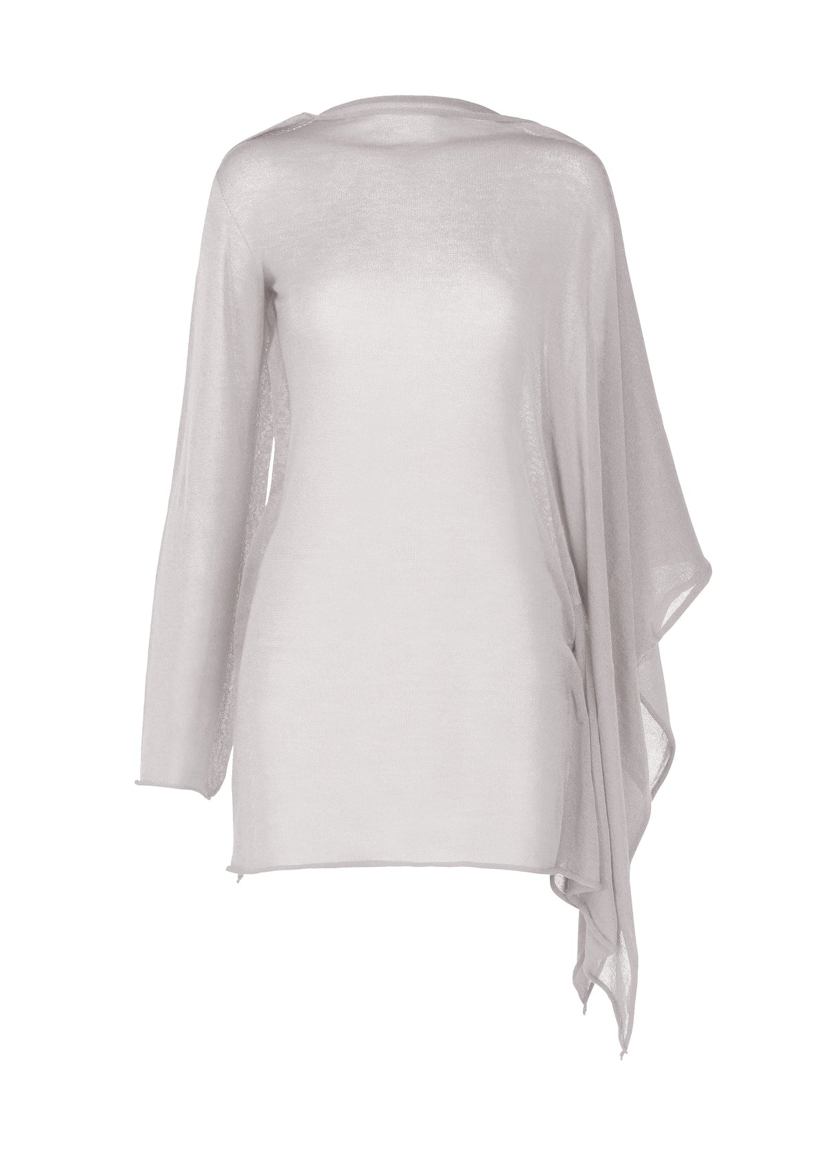 A product shot of the ISSEY MIYAKE CONCEALED KNIT top in light gray.