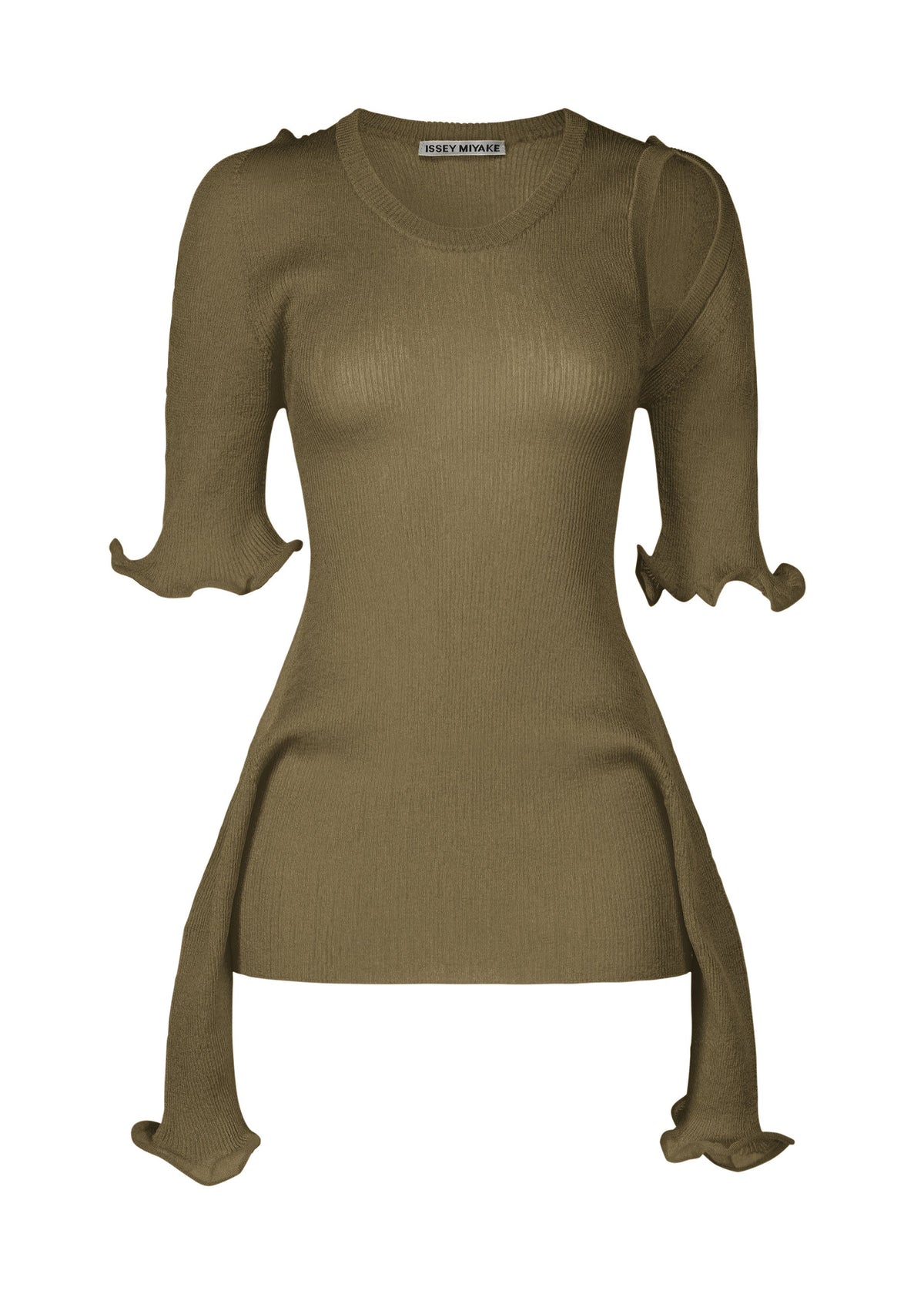 A product shot of the ISSEY MIYAKE ADVENTITIOUS?SLEEVES top in green (65), recurring_style.