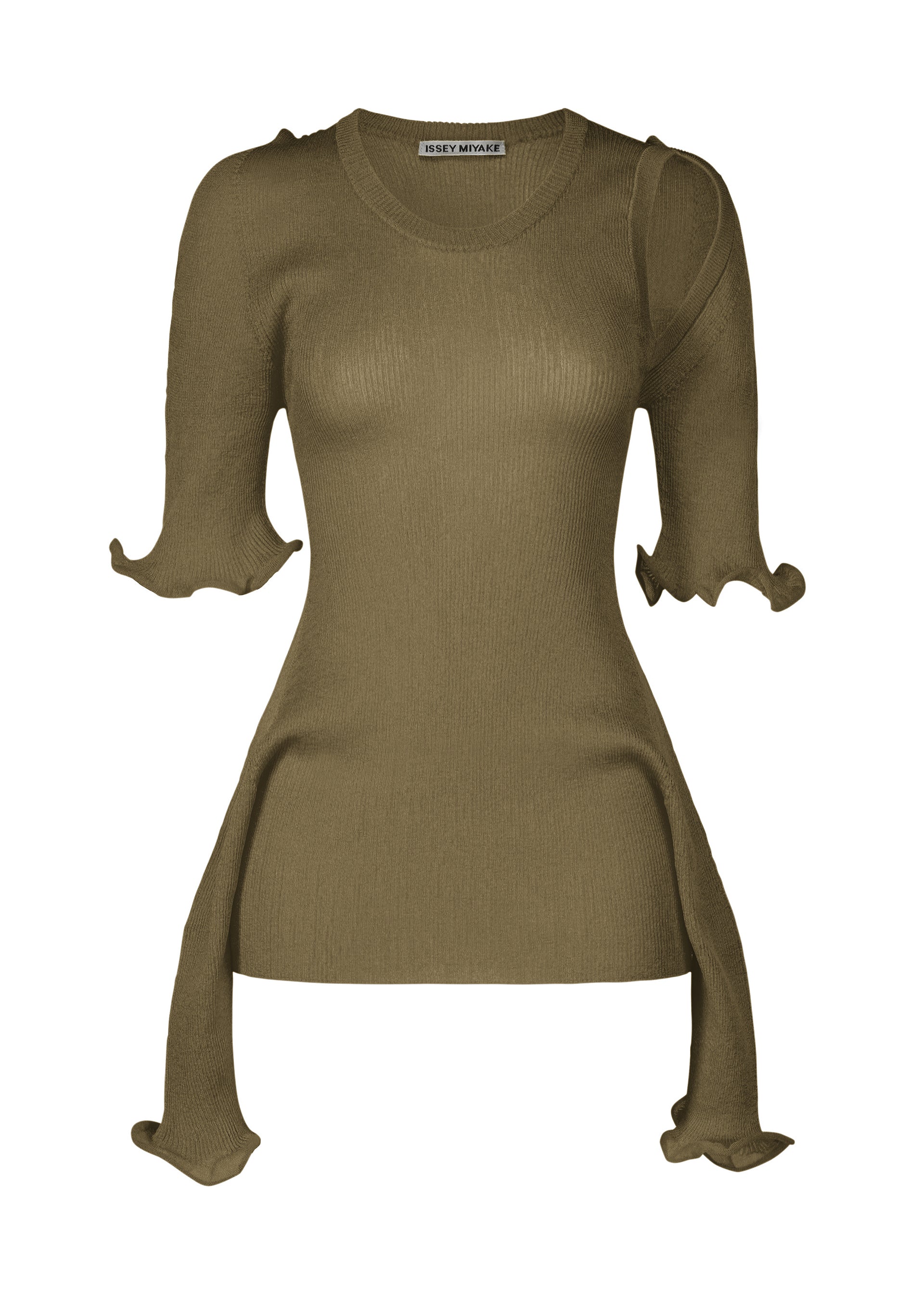 A product shot of the ISSEY MIYAKE ADVENTITIOUS?SLEEVES top in green (65), recurring_style.