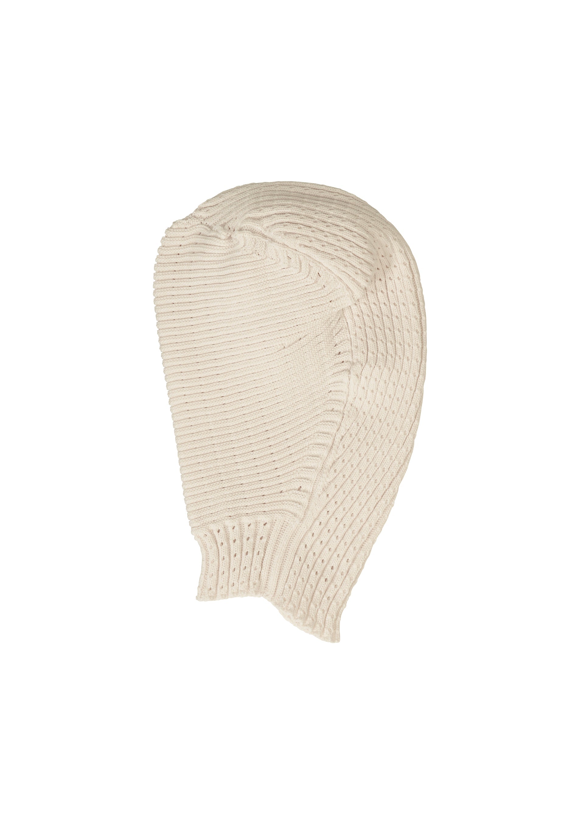 A product shot of the ISSEY MIYAKE FOUND STONE BEANIE cap in off-white.