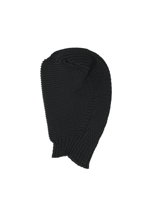 A product shot of the ISSEY MIYAKE FOUND STONE BEANIE cap in black.