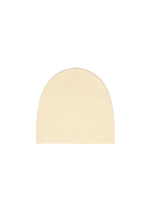 A product shot of the ISSEY MIYAKE O KNIT BEANIE cap in off-white.