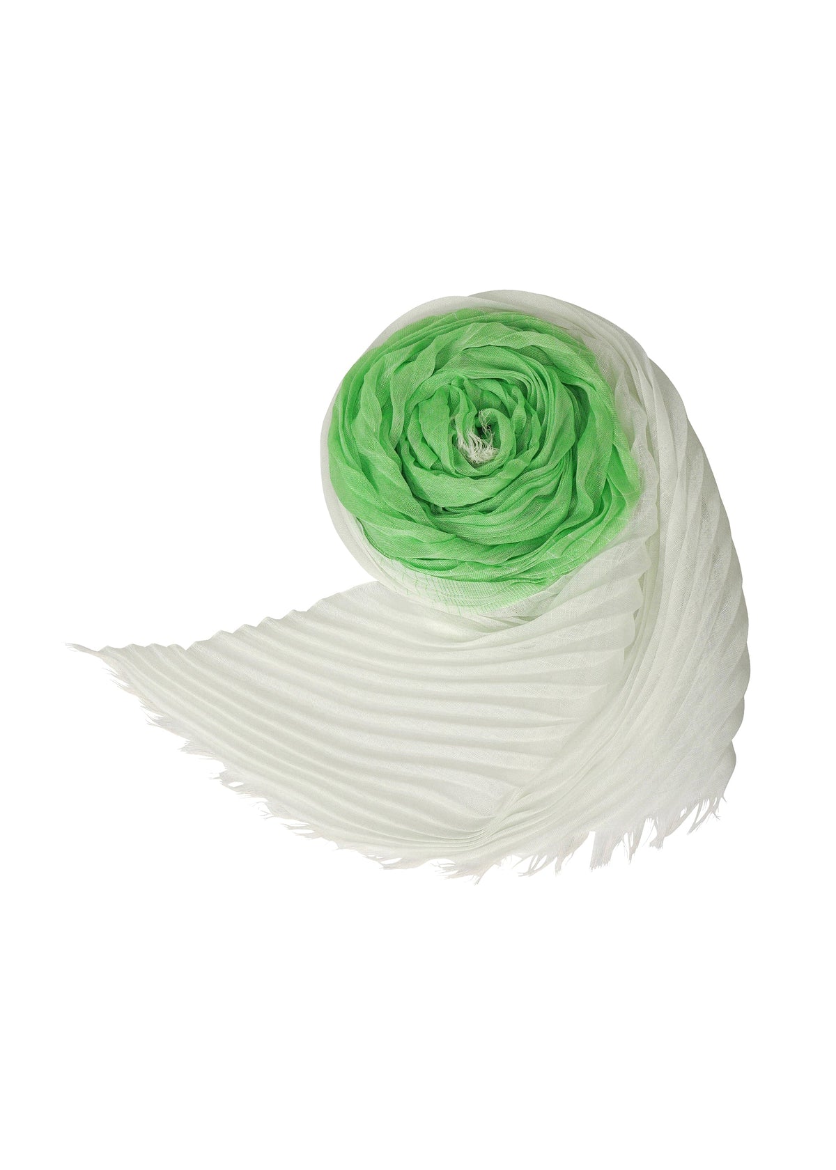 A product shot of the ISSEY MIYAKE GRADATION RAMIE PLEATS STOLE stole in green-hued.