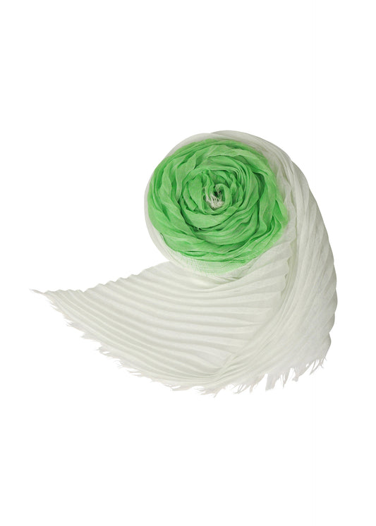 A product shot of the ISSEY MIYAKE GRADATION RAMIE PLEATS STOLE stole in green-hued.