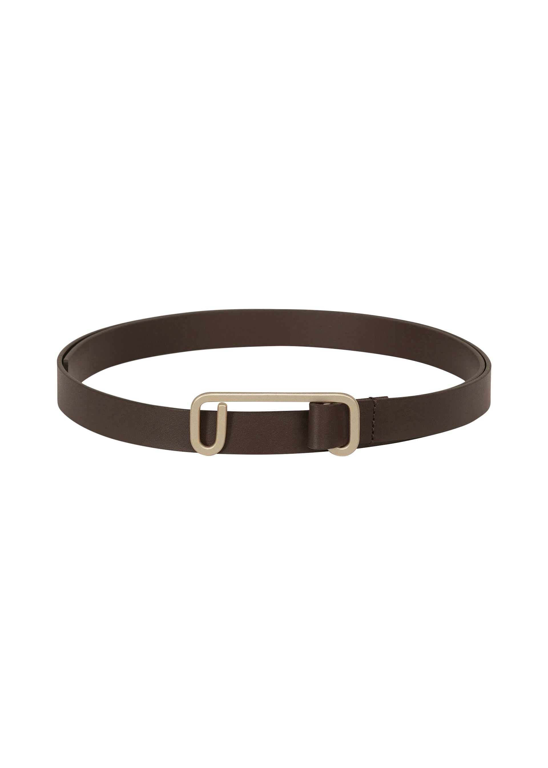 A product shot of the ISSEY MIYAKE SOLID LEATHER BELT belt in dark brown.