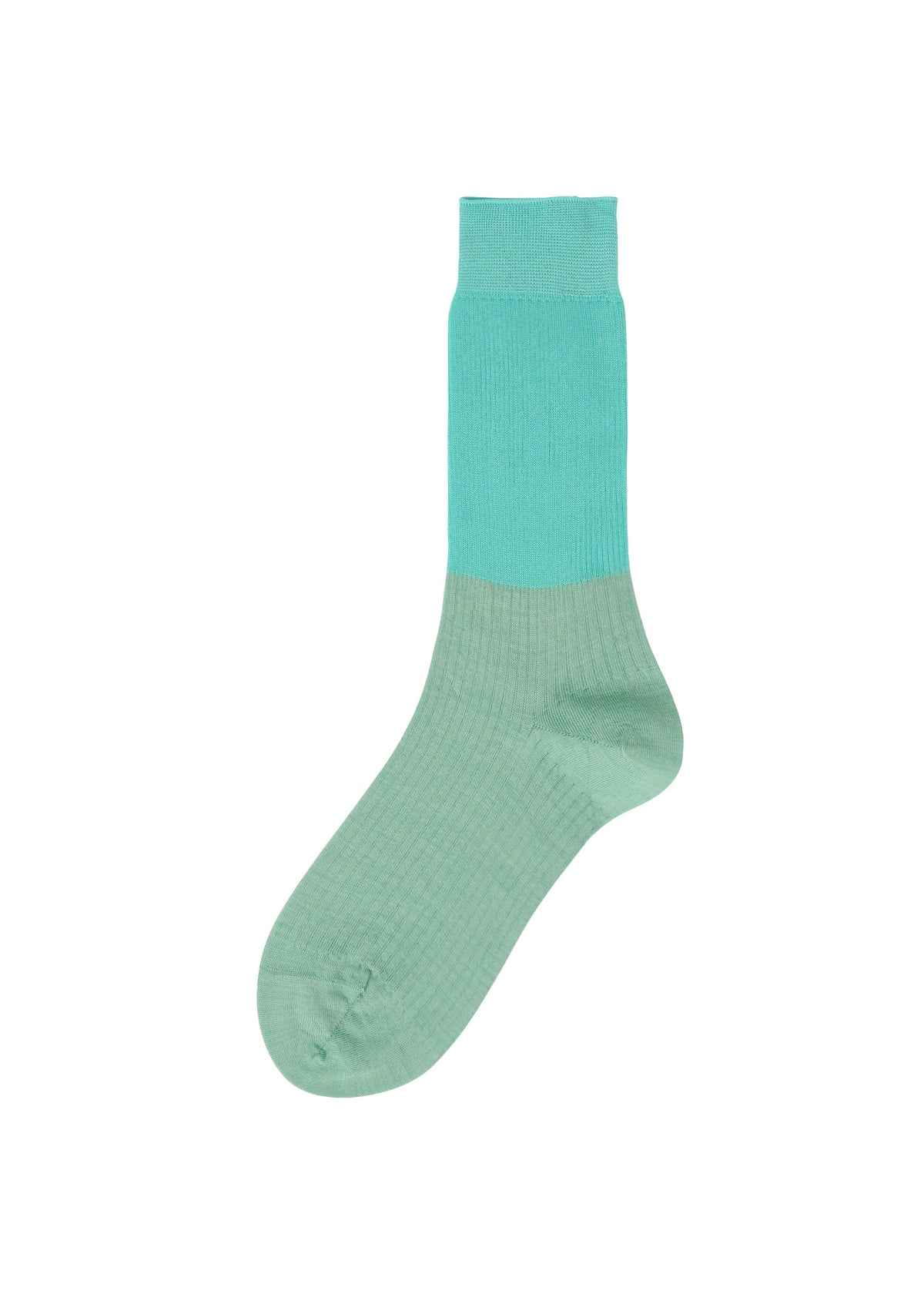 A product shot of the ISSEY MIYAKE SHEER RIB SOCKS socks in light blue.
