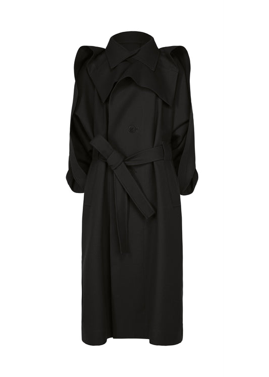 A product shot of the ISSEY MIYAKE CALLIGRAPH coat in black.