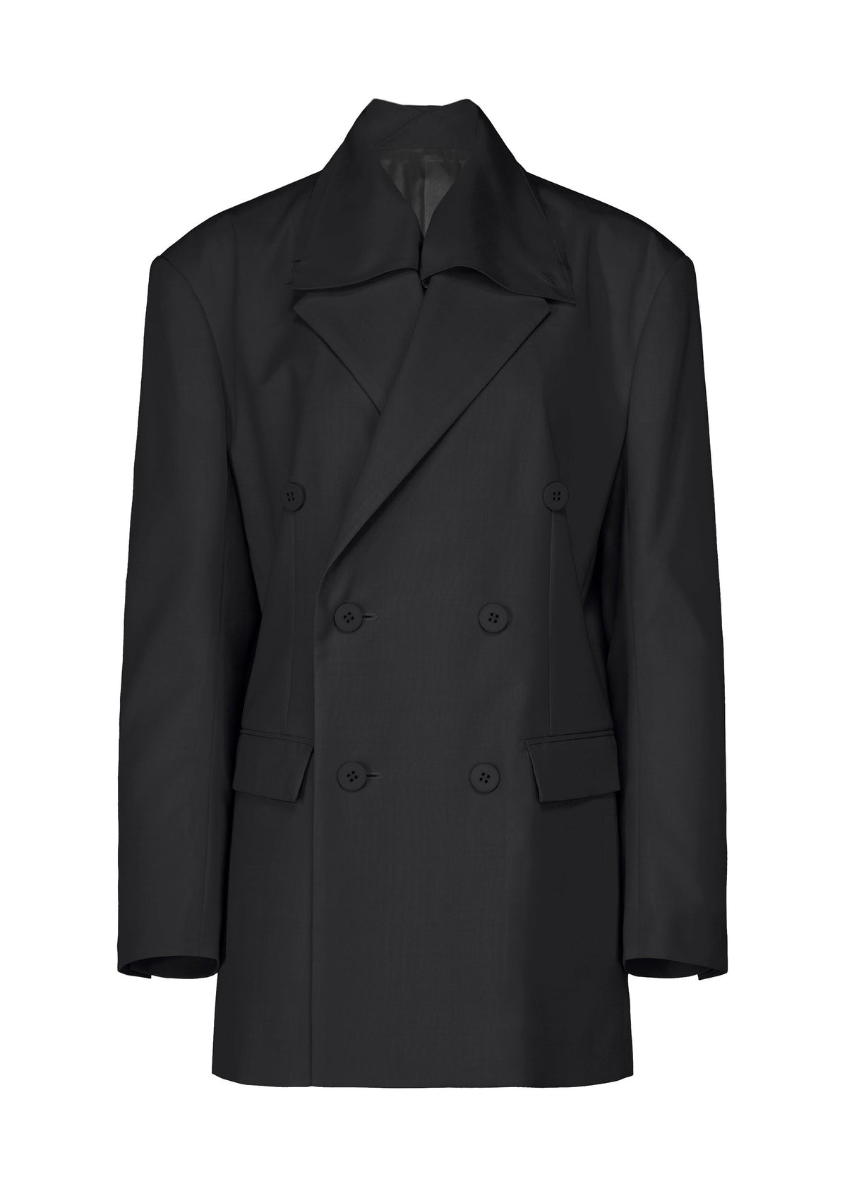 A product shot of the ISSEY MIYAKE HONEST ENSEMBLE jacket in black.