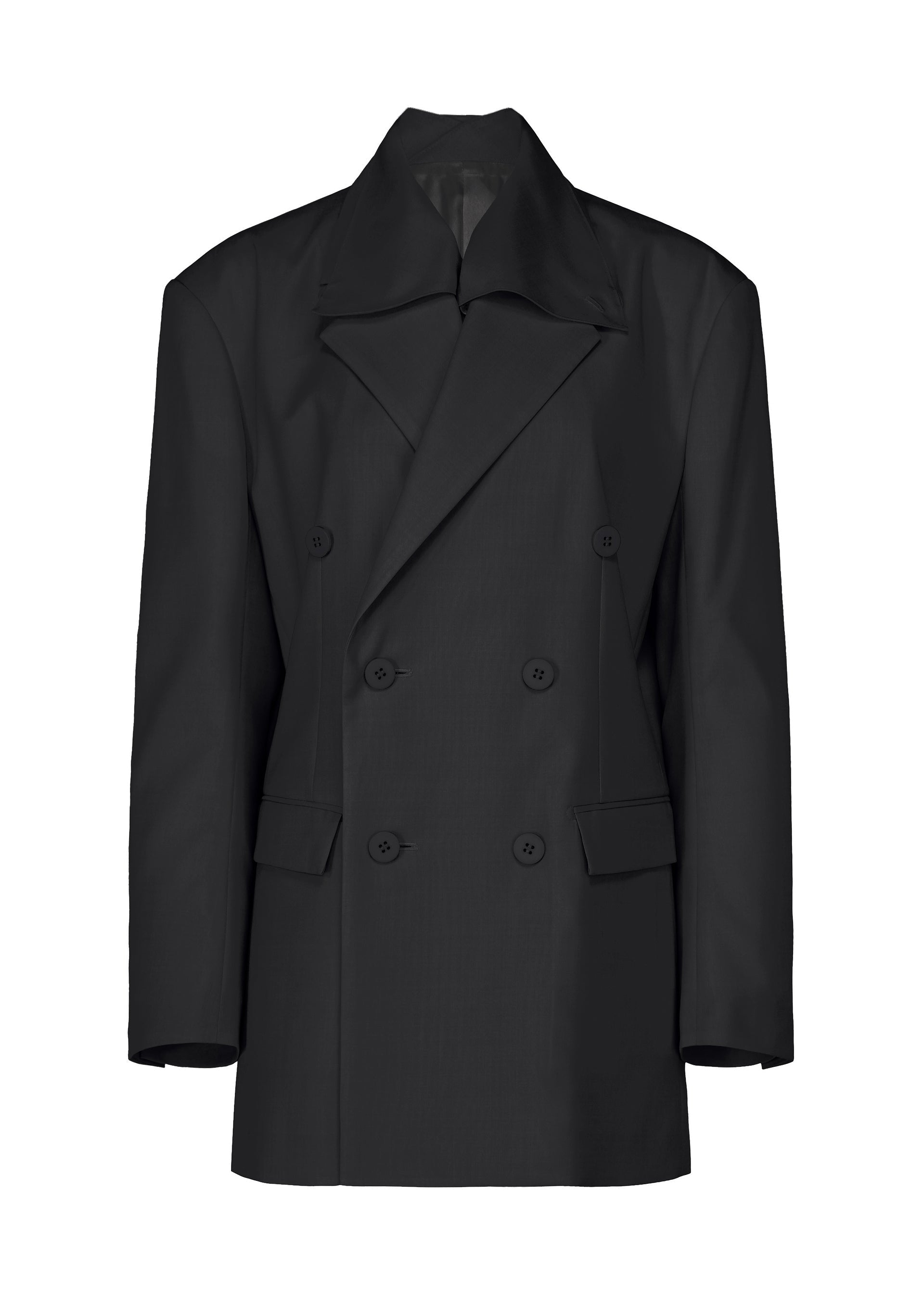 A product shot of the ISSEY MIYAKE HONEST ENSEMBLE jacket in black.