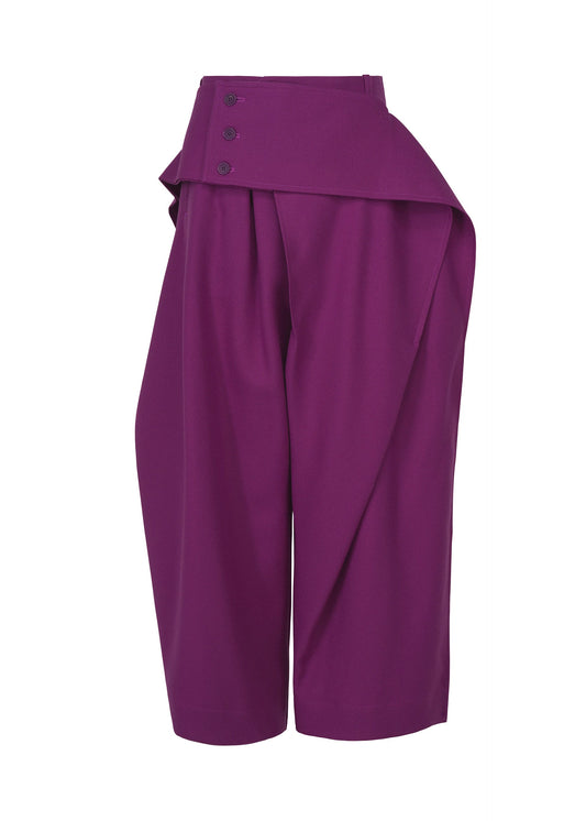 A product shot of the ISSEY MIYAKE CALLIGRAPH trousers in purple.