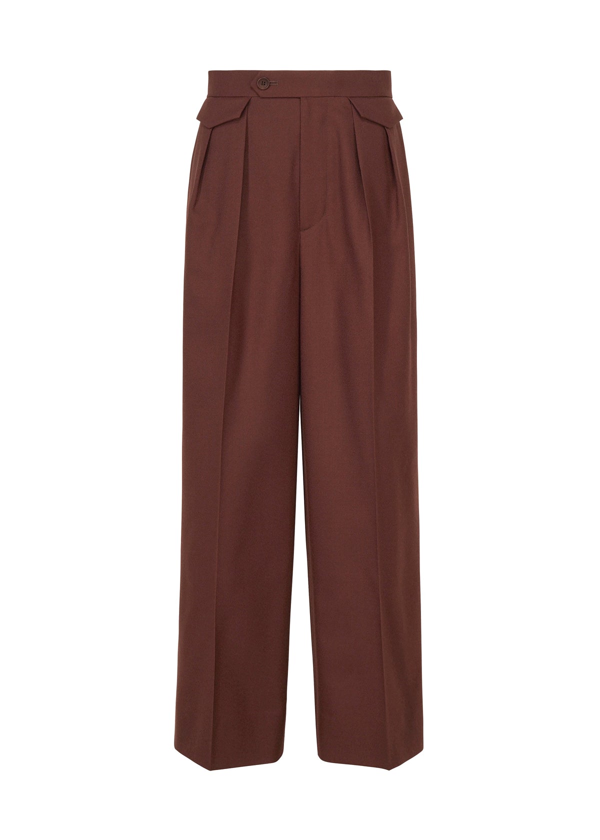A product shot of the ISSEY MIYAKE UNTITLED trousers in brown.
