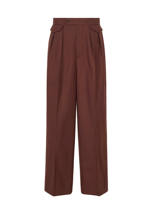 A product shot of the ISSEY MIYAKE UNTITLED trousers in brown.