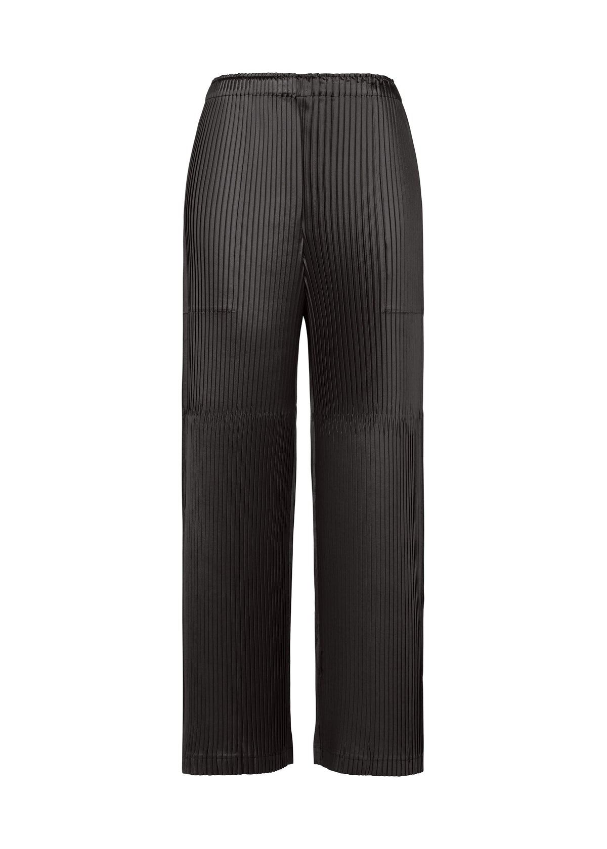 A product shot of the ISSEY MIYAKE GLOSSED PANELS PLEATS trousers in black.