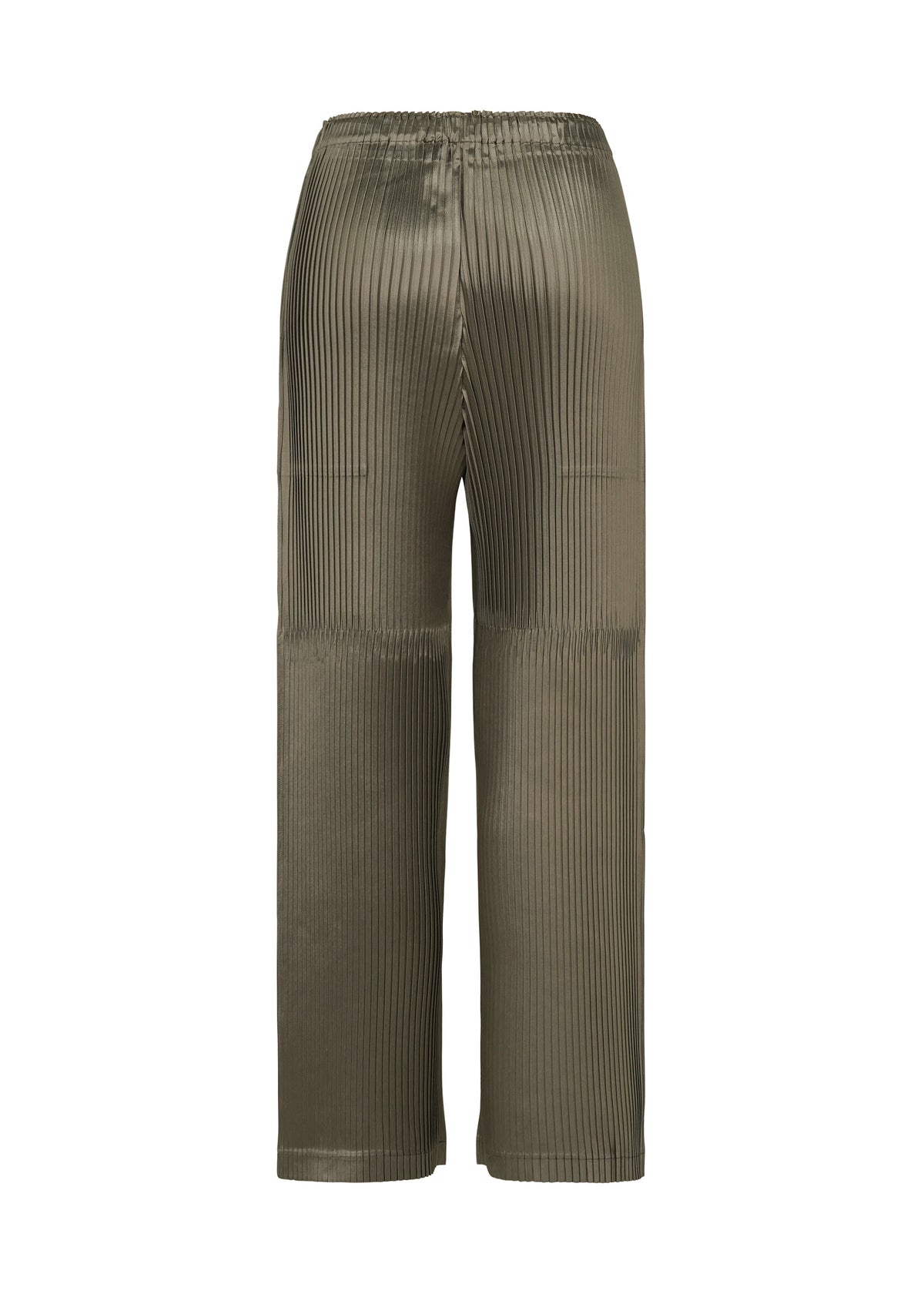 A detail shot of the ISSEY MIYAKE GLOSSED PANELS PLEATS trousers.