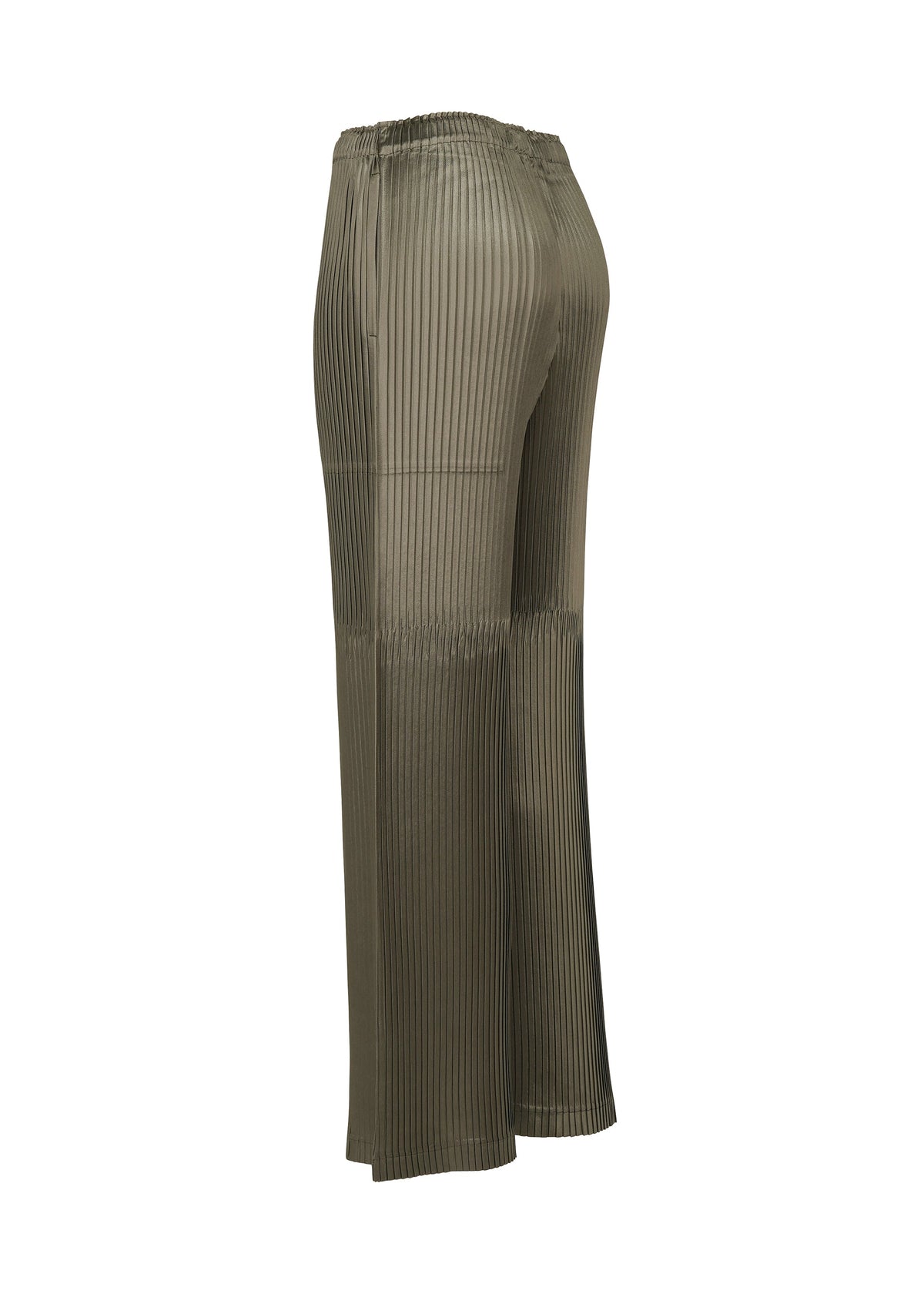A detail shot of the ISSEY MIYAKE GLOSSED PANELS PLEATS trousers.