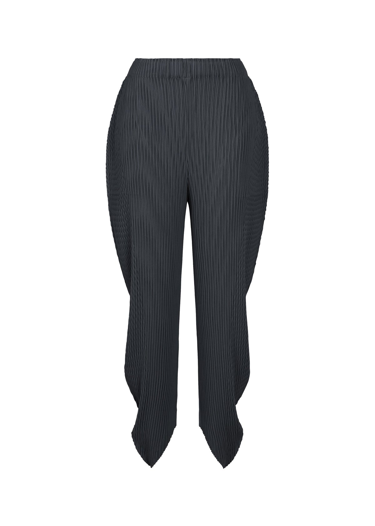 A product shot of the ISSEY MIYAKE LEAF PLEATS pants in dark navy.