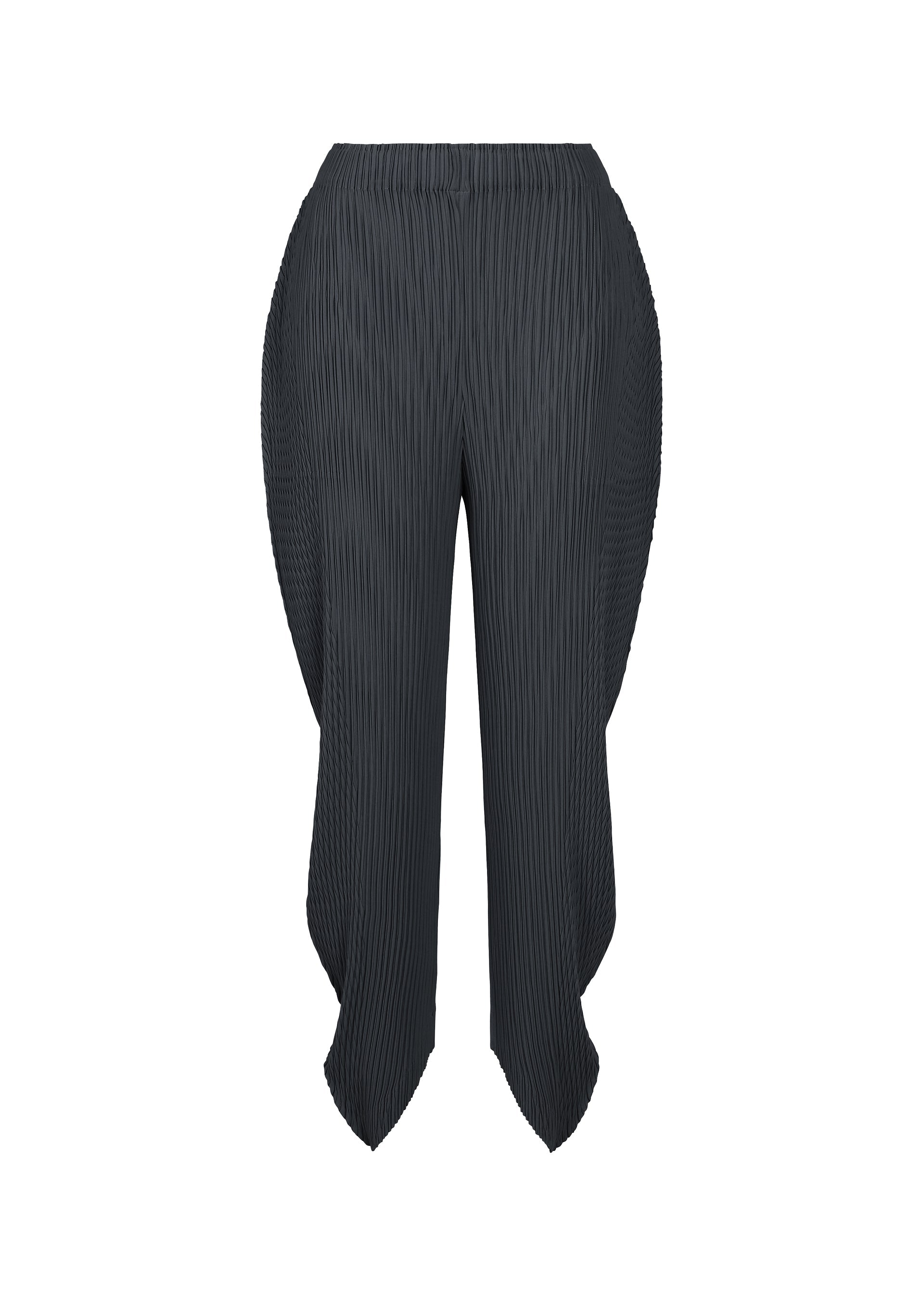 A product shot of the ISSEY MIYAKE LEAF PLEATS pants in dark navy.