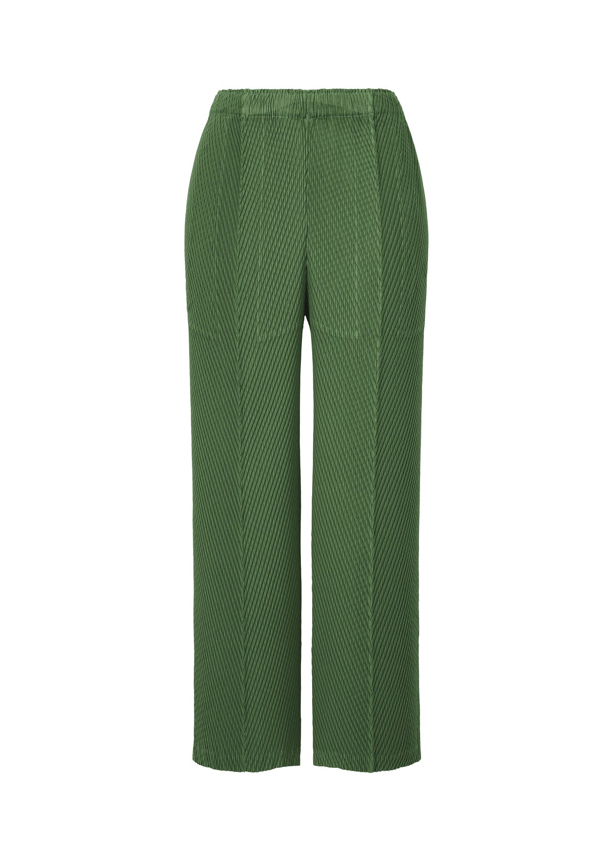A product shot of the ISSEY MIYAKE RHOMBUS PLEATS trousers in dark green.