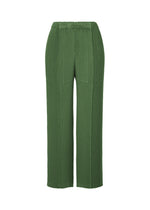 A product shot of the ISSEY MIYAKE RHOMBUS PLEATS trousers in dark green.