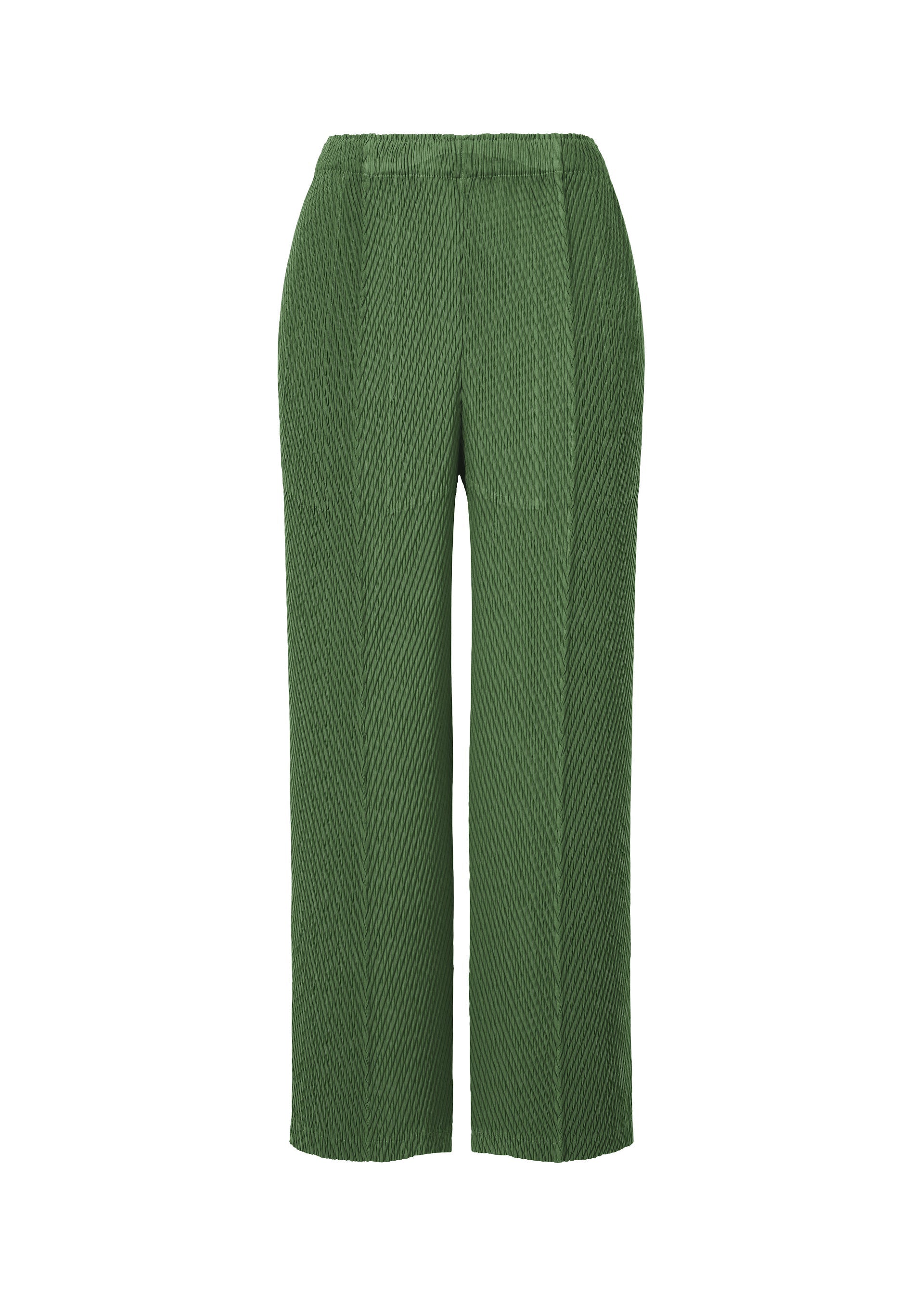 A product shot of the ISSEY MIYAKE RHOMBUS PLEATS trousers in dark green.