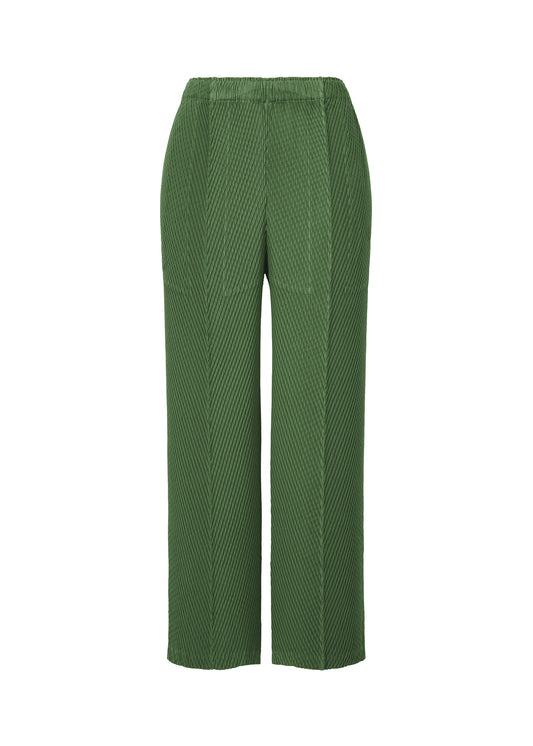 A product shot of the ISSEY MIYAKE RHOMBUS PLEATS trousers in dark green.