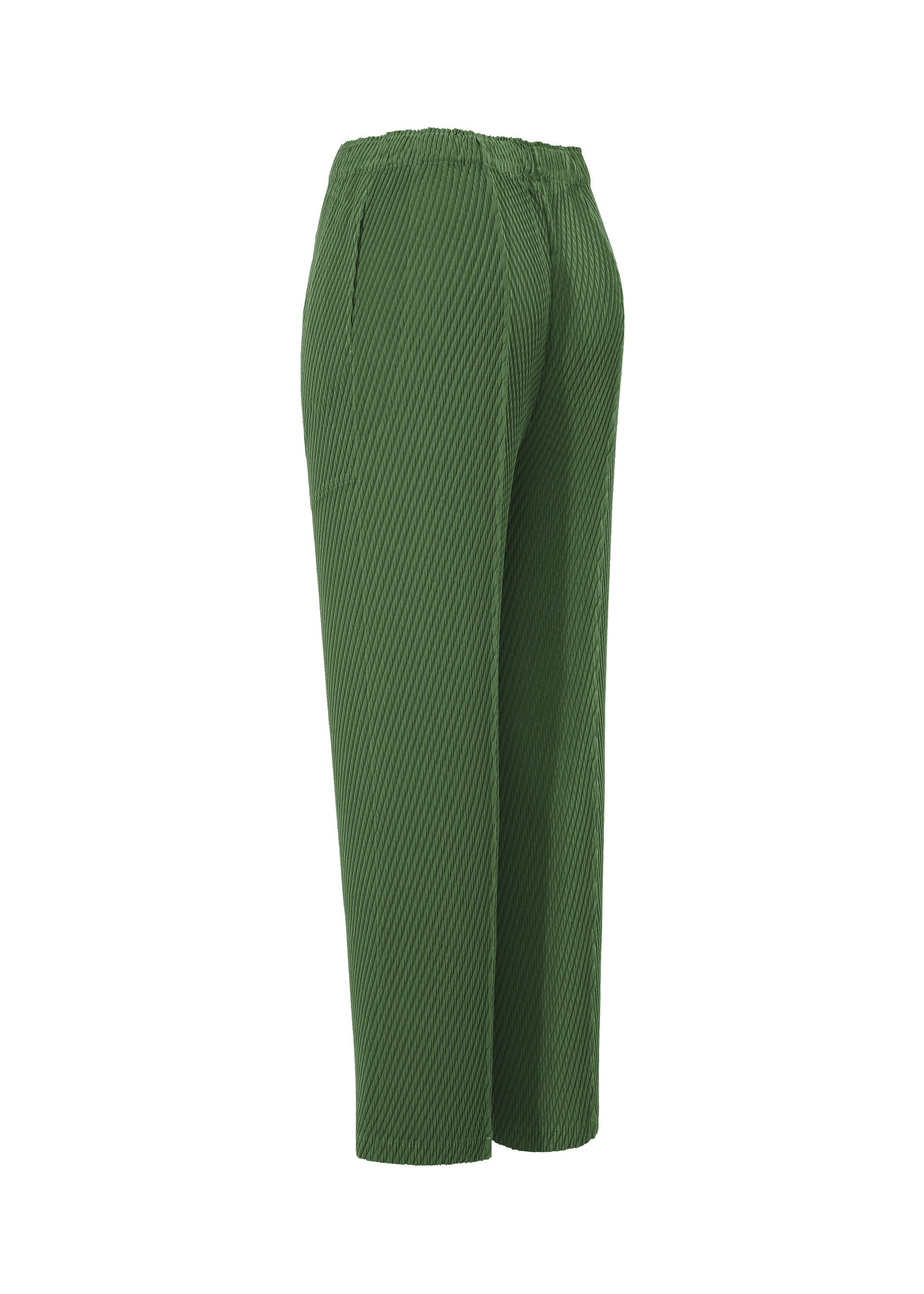 A detail shot of the ISSEY MIYAKE RHOMBUS PLEATS trousers.