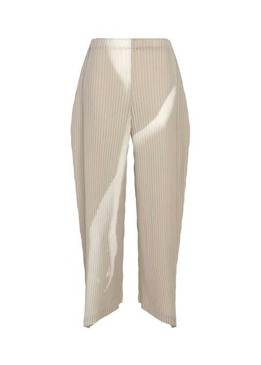 A product shot of the ISSEY MIYAKE HANDS OF LOVER PLEATS trousers in beige-hued.