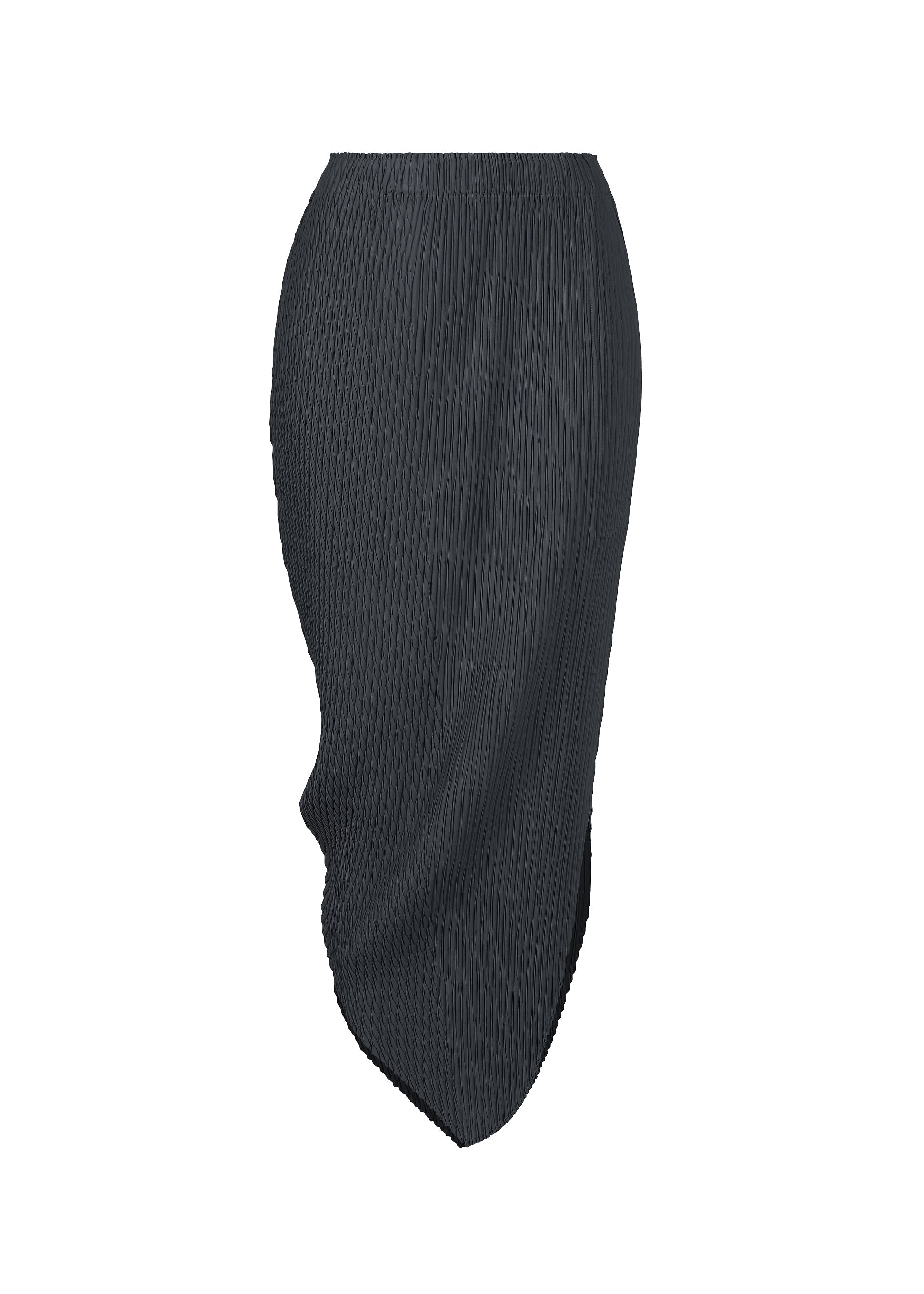 A product shot of the ISSEY MIYAKE LEAF PLEATS skirt in dark navy.