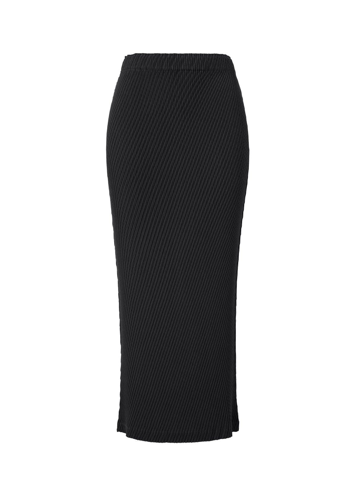 A product shot of the ISSEY MIYAKE RHOMBUS PLEATS skirt in black.