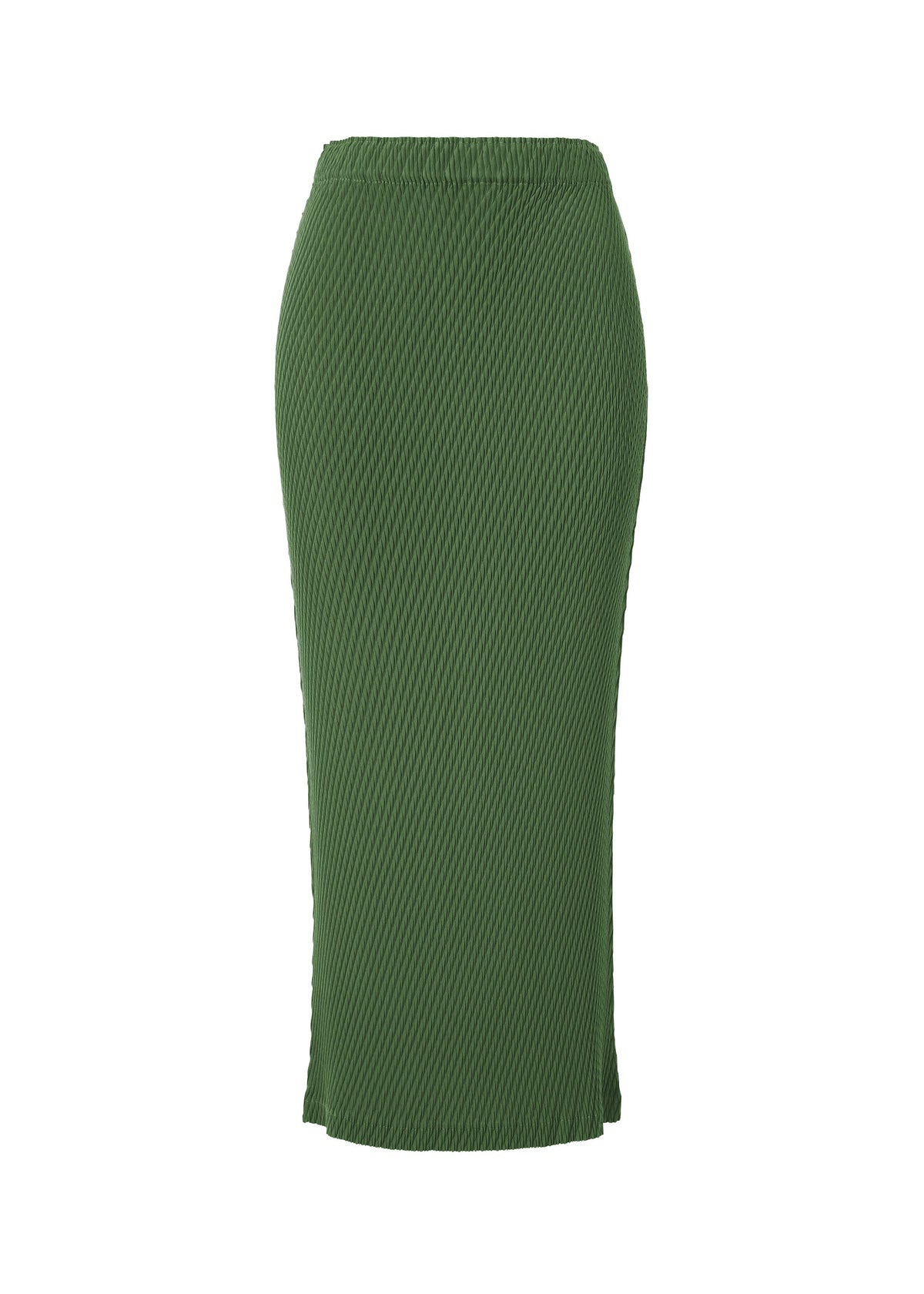 A product shot of the ISSEY MIYAKE RHOMBUS PLEATS skirt in dark green.