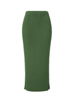 A product shot of the ISSEY MIYAKE RHOMBUS PLEATS skirt in dark green.