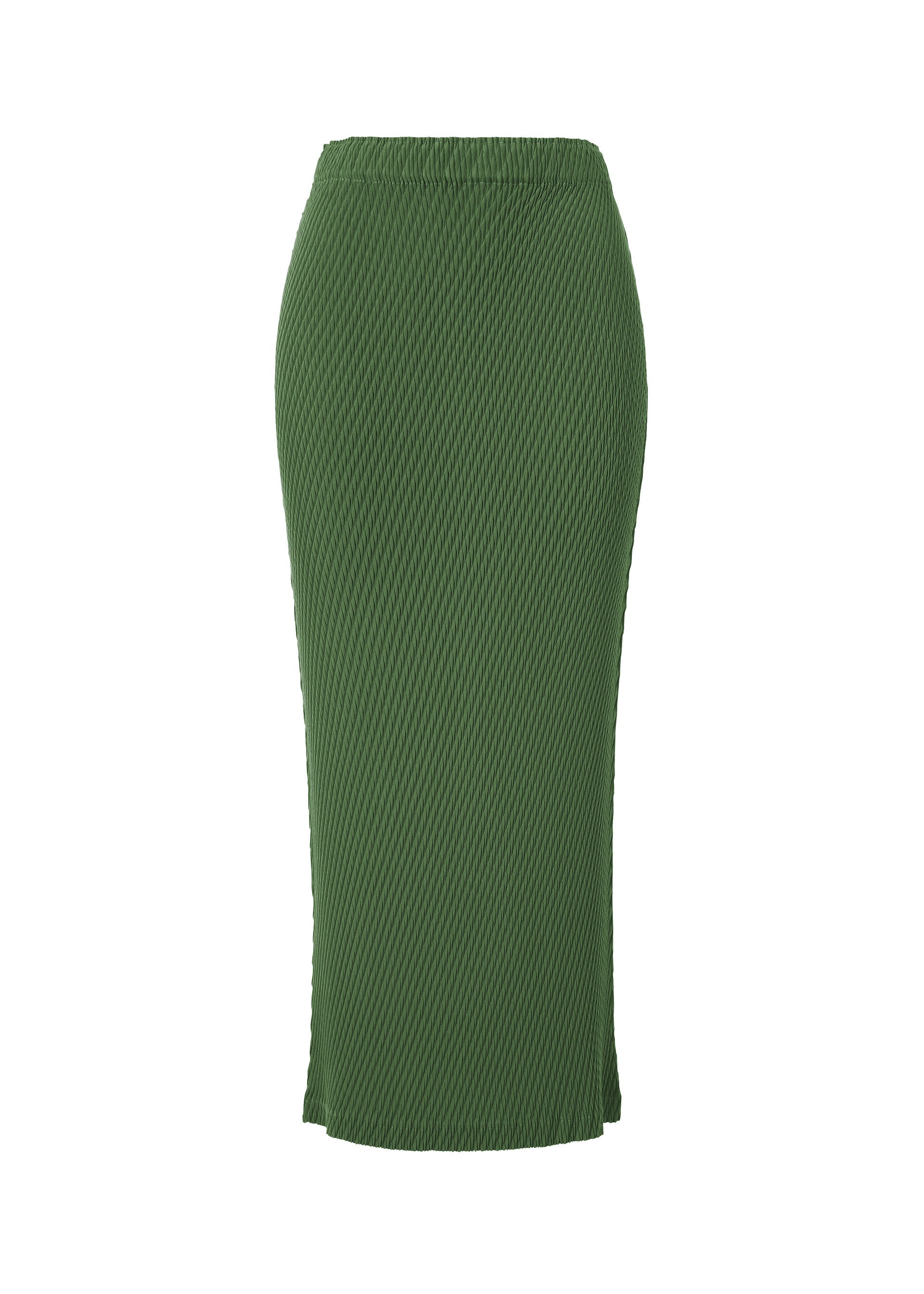 A product shot of the ISSEY MIYAKE RHOMBUS PLEATS skirt in dark green.