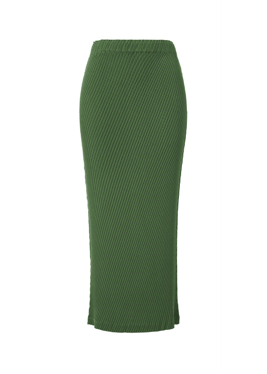 A product shot of the ISSEY MIYAKE RHOMBUS PLEATS skirt in dark green.