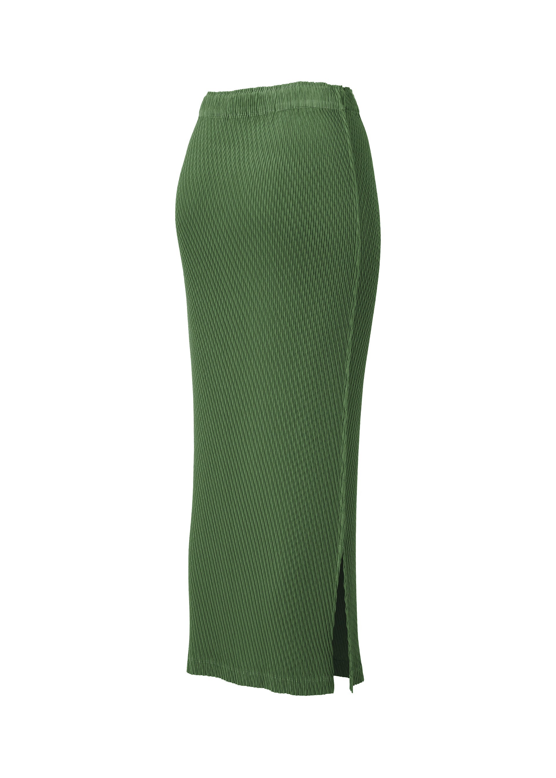 A detail shot of the ISSEY MIYAKE RHOMBUS PLEATS skirt.