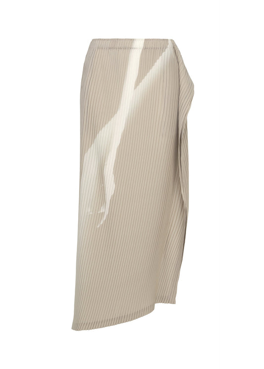 A product shot of the ISSEY MIYAKE HANDS OF LOVER PLEATS skirt in beige-hued.