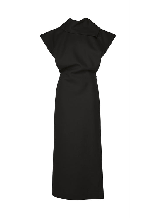 A product shot of the ISSEY MIYAKE CALLIGRAPH dress in black.