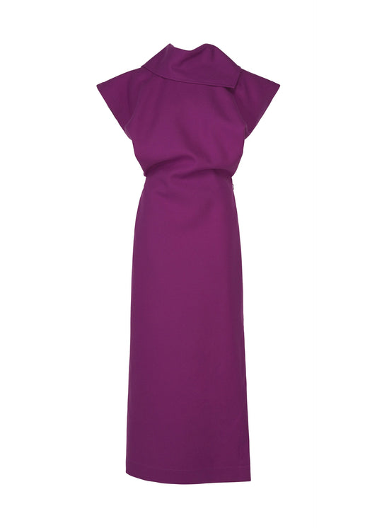 A product shot of the ISSEY MIYAKE CALLIGRAPH dress in purple.