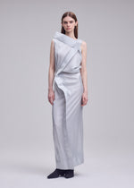 A model wears the ISSEY MIYAKE MERCURY mercury-dress-dark-navy-1.