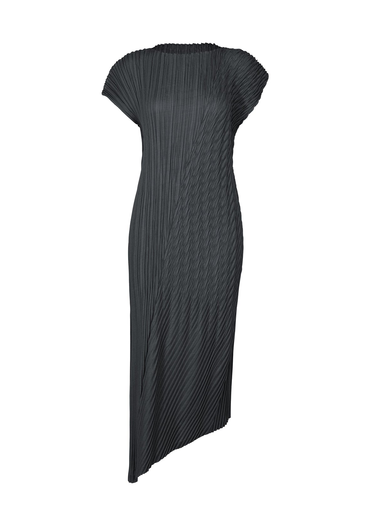 A product shot of the ISSEY MIYAKE UNFURLING PLEATS dress in dark navy.