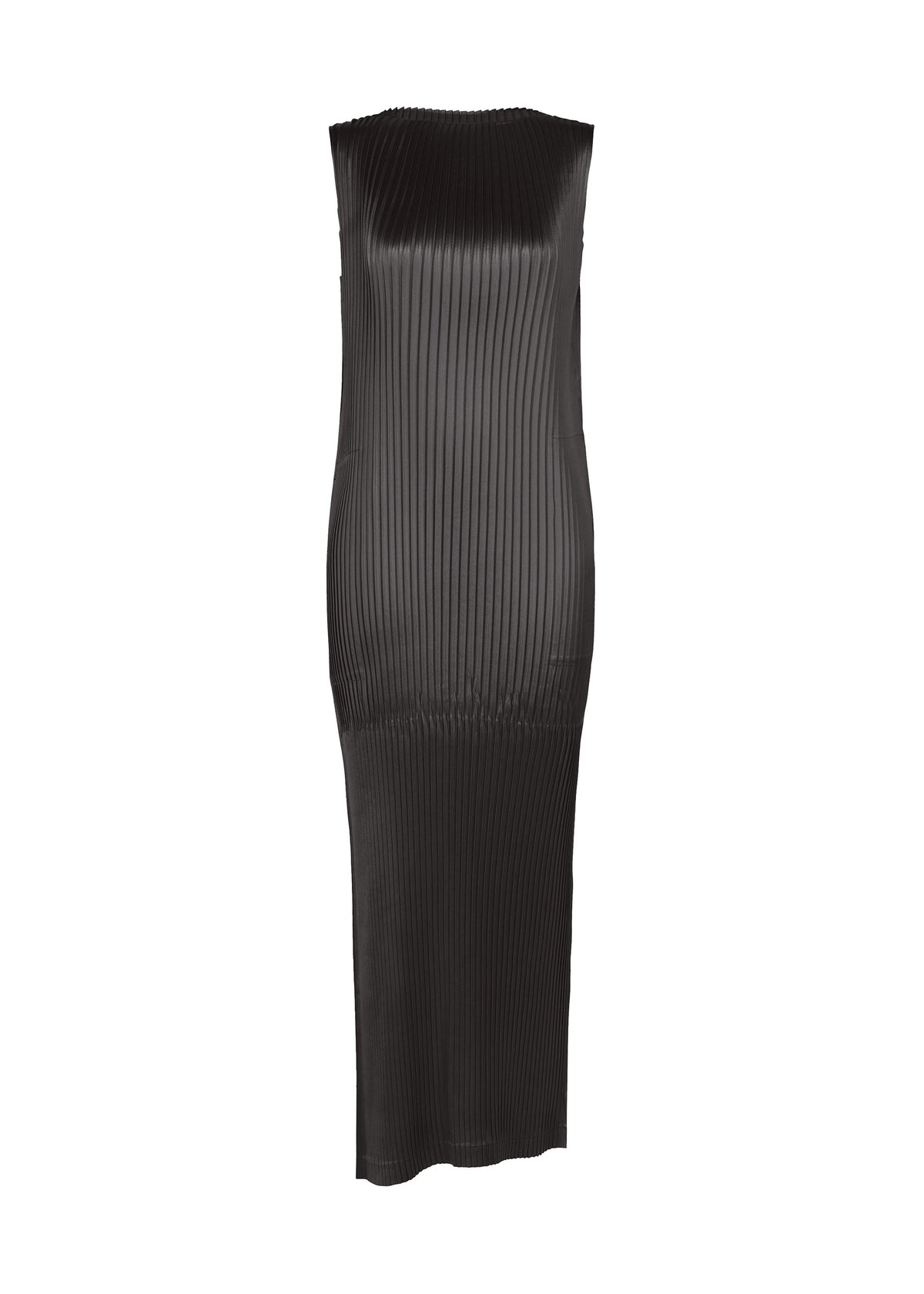 A product shot of the ISSEY MIYAKE GLOSSED PANELS PLEATS dress in black.
