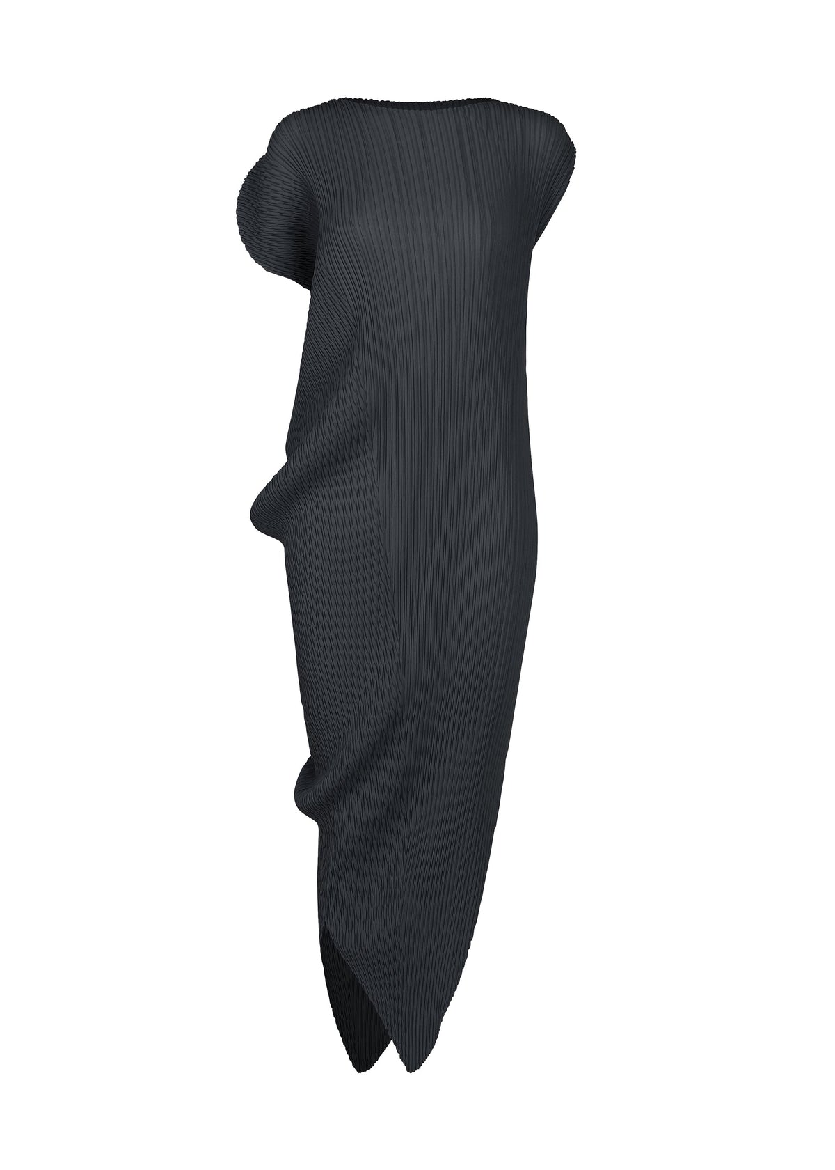 A product shot of the ISSEY MIYAKE LEAF PLEATS dress in dark navy.