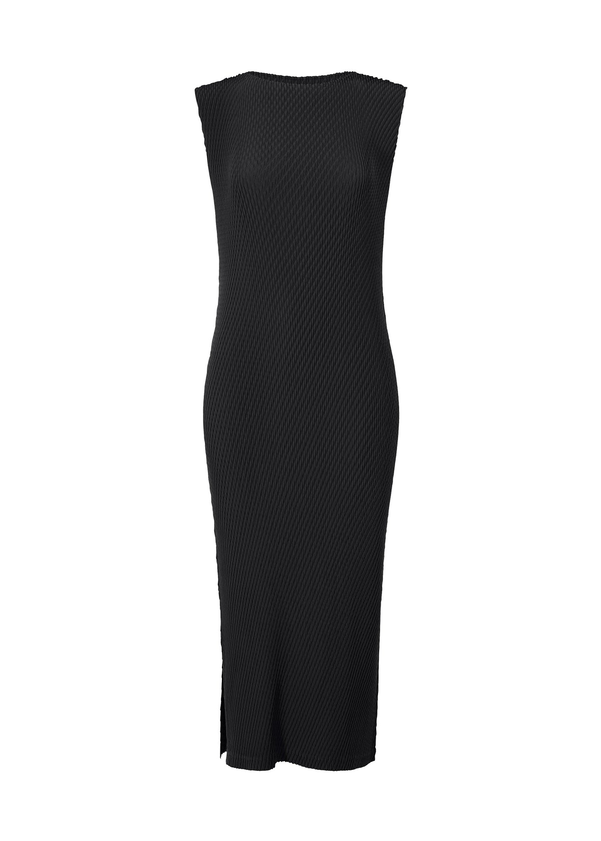 A product shot of the ISSEY MIYAKE RHOMBUS PLEATS dress in black.