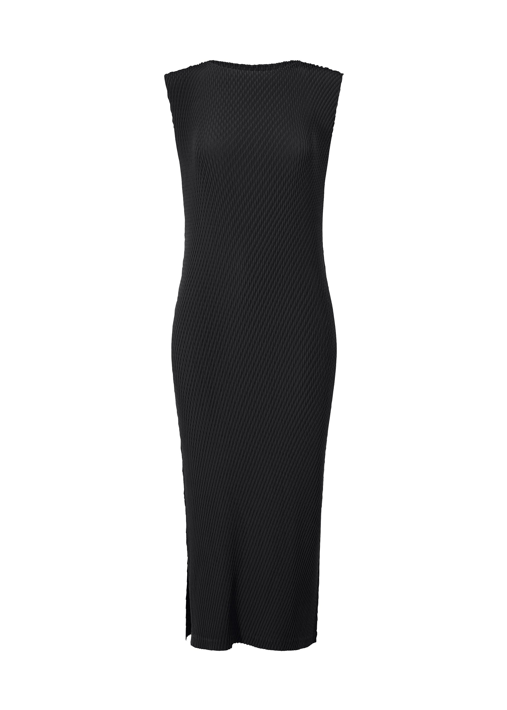 A product shot of the ISSEY MIYAKE RHOMBUS PLEATS dress in black.